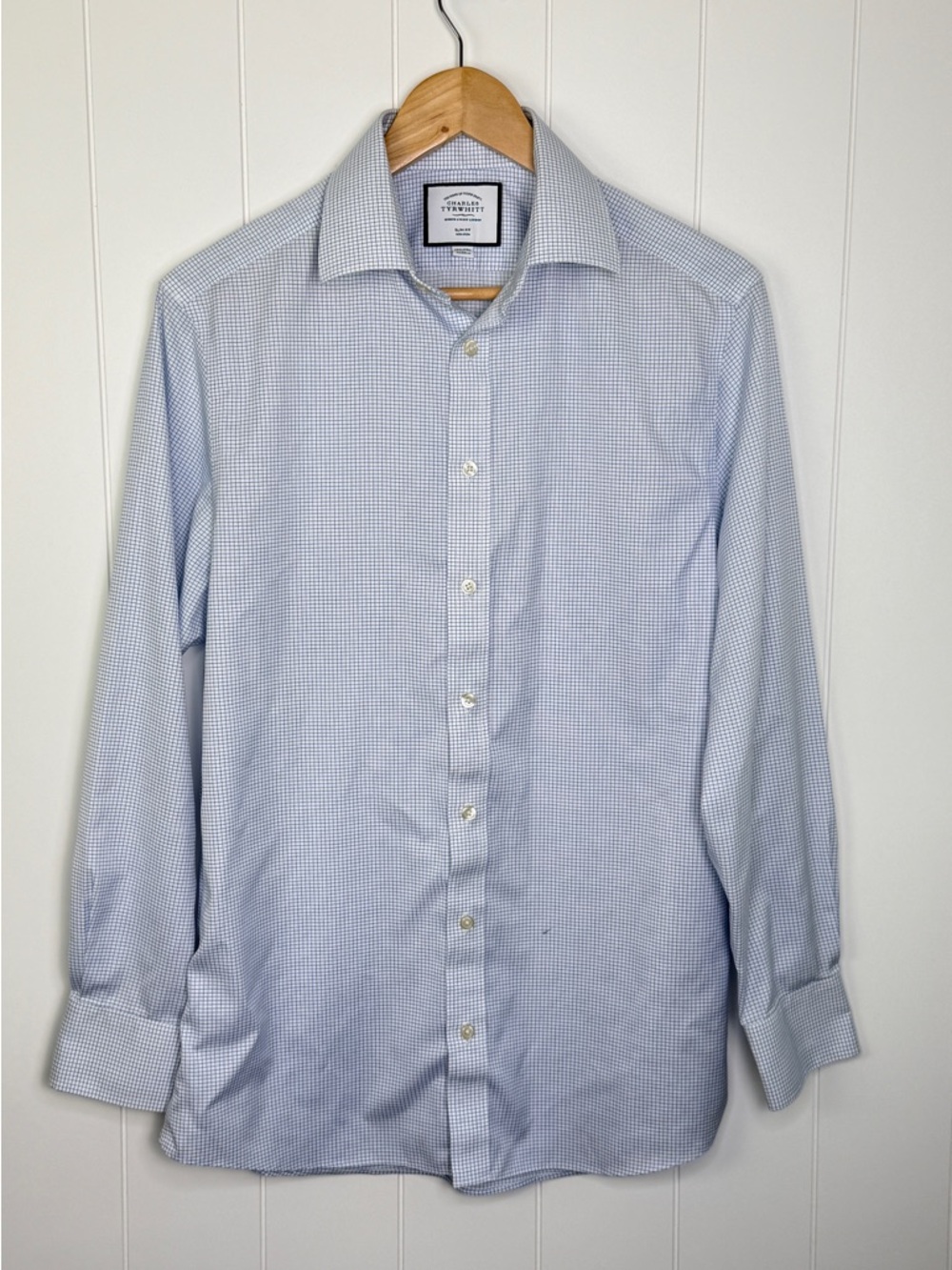 Charles‎ Tyrwhitt Light Blue Micro-Check Dress Shirt 15.5/33 in Non Iron